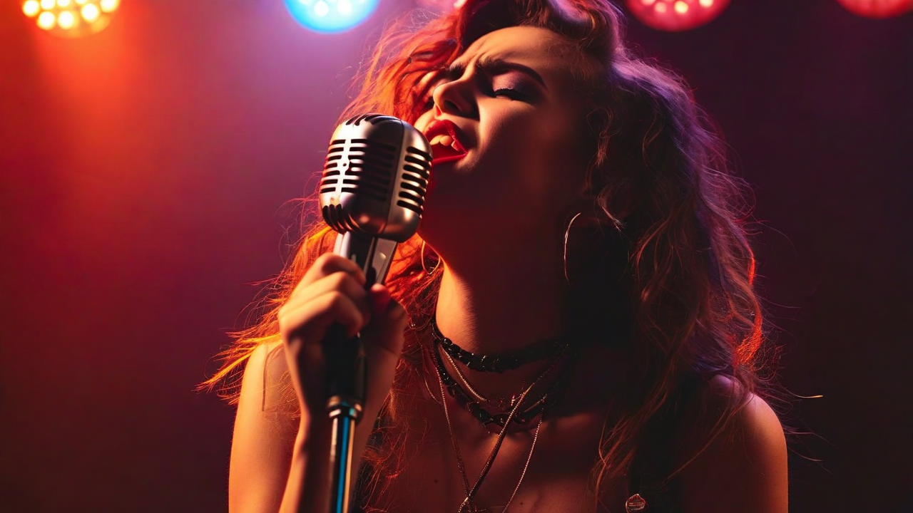 Kirst singing into vintage microphone